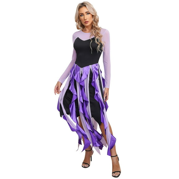 Haitryli Twisted Witch Villain Adult Costume Long Sleeve Cascading Ruffle Mermaid Dress Halloween Purple S
