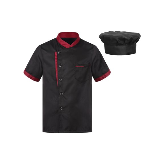 Haitryli Unisex Chef Jacket With Hat Outfits Cooker Cap Hotel Kitchen Uniform Restaurant Cooker Workwear Black XL