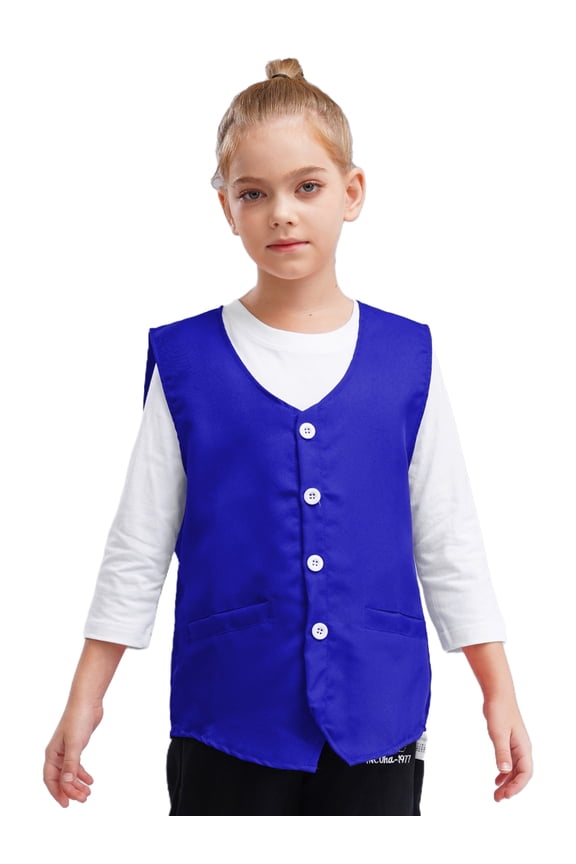 Unisex Kids Volunteer Vest Button Up Waistcoat Boys Girls Waiter Bartender Uniform Blue 5-6