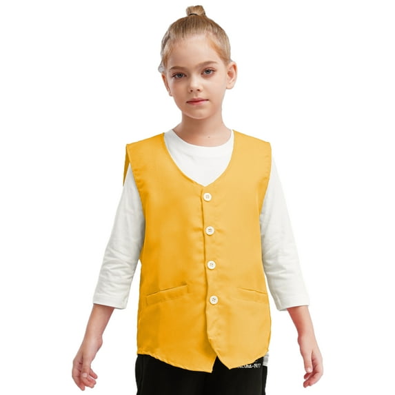 Haitryli Unisex Kids Volunteer Vest Button Up Waistcoat Boys Girls Waiter Bartender Uniform Yellow 13-14