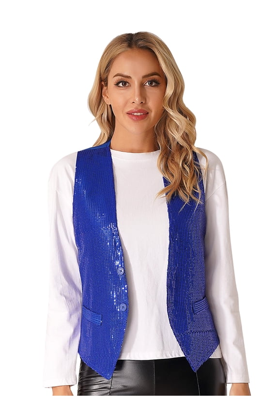 Unisex Men Women Disco Dance Waistcoat Shiny Sequin Performance Costume Vest V-Neck Royal Blue 150/M