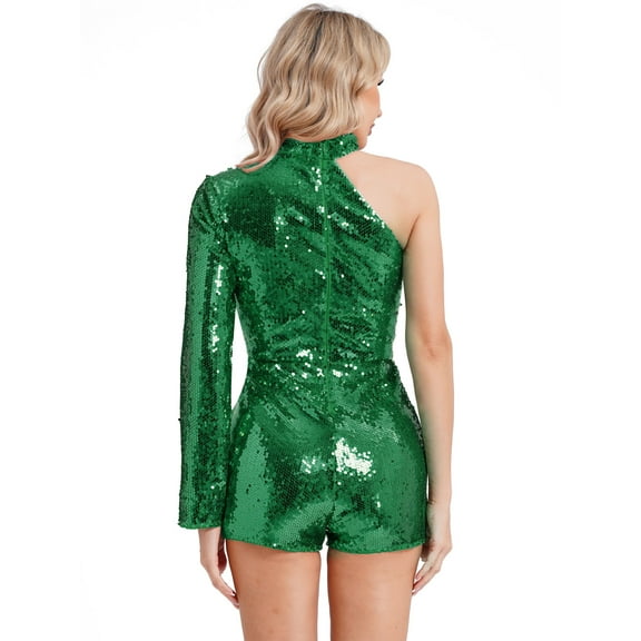 Haitryli Women 70s Disco Costume Sparkly Sequins Rompers One Shoulder Jumpsuit Bodysuit Clubwear Green M