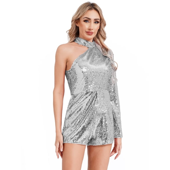 Haitryli Women 70s Disco Costume Sparkly Sequins Rompers One Shoulder Jumpsuit Bodysuit Clubwear Silver S
