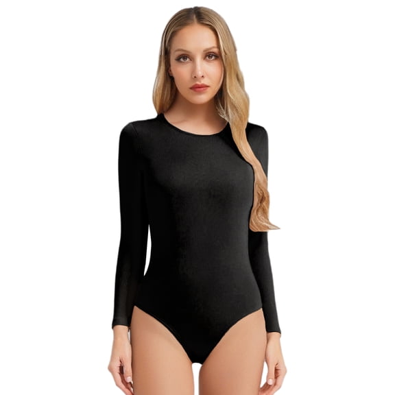 Haitryli Women Ballet Leotard Ballet Dance Long Sleeve Basic Leotard Gymnastics Sports Training Unitards Black Round Neck 170