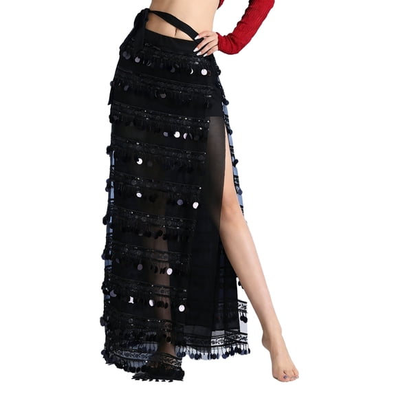 Haitryli Women Belly Dance Skirt Sequin Tassel Split Long Skirts with Safety Shorts for Samba Spanish Dance Black M