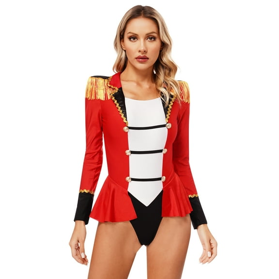 Haitryli Women Circus Ringmaster Costume Halloween Party Carnival Costumes Long Sleeve Skirted Leotard Bodysuit Red XL