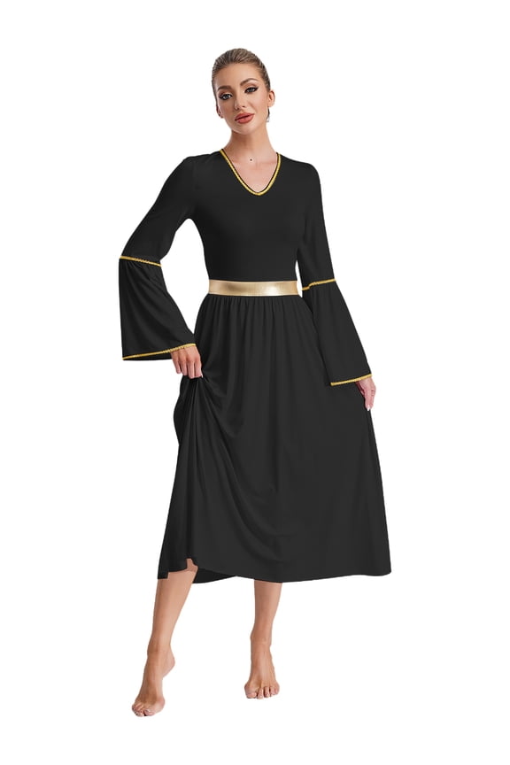 Women Color Block Liturgical Praise Lyrical Dance Dress Bell Retro Church Gown Worship Black M
