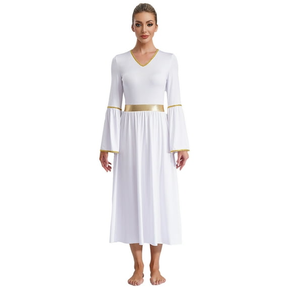 Haitryli Women Color Block Liturgical Praise Lyrical Dance Dress Bell Retro Church Gown Worship White L