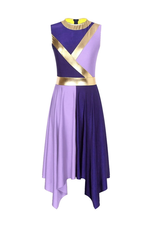 Women Contrast Color Praise Tunic Sleeveless Lyrical Dance Dress Overlay Purple&Light Purple S