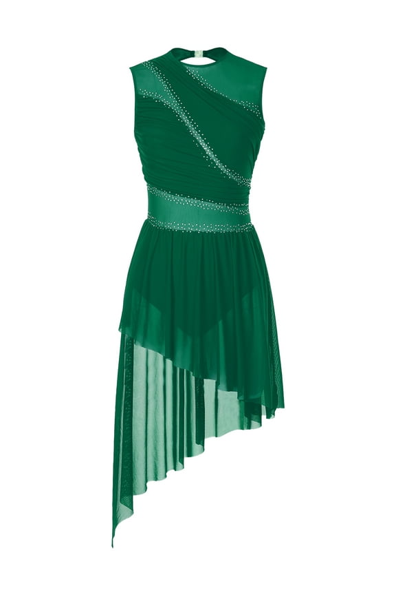 Women Figure Ice Skating Dress High Low Dance Leotard Green M