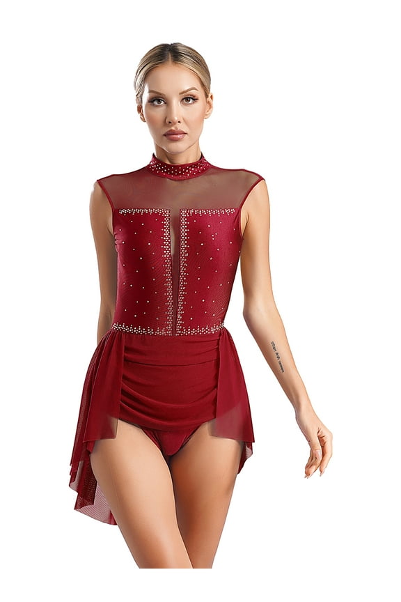 Women Figure Ice Skating Dress Mesh Patchwork Leotard Dress Lyrical Dance Costume Burgundy S