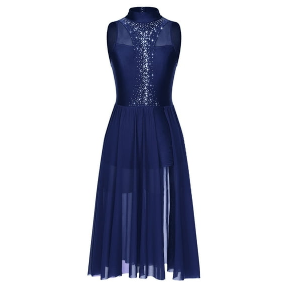 Haitryli Women Giltter Rhinestone Lyrical Dance Dress Split Hem Modern Contemporary Dancewear Navy Blue M