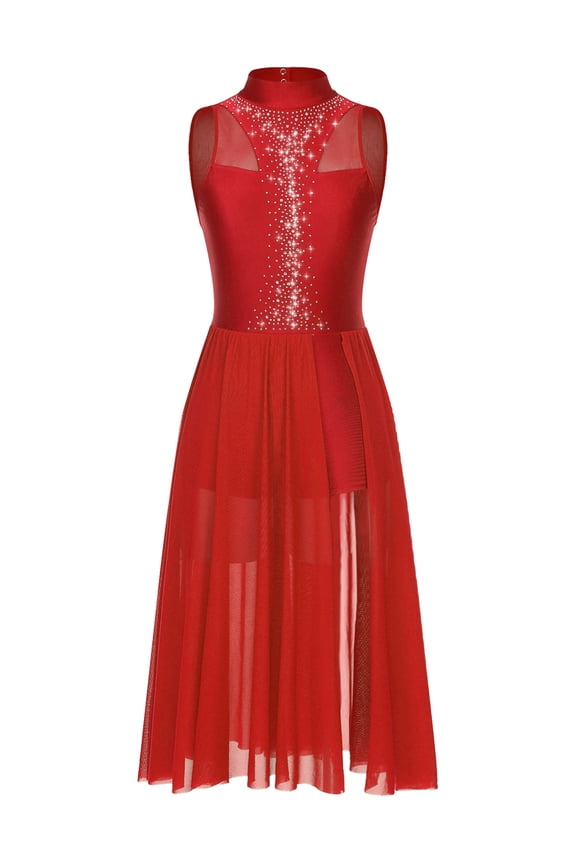 Women Giltter Rhinestone Lyrical Dance Dress Split Hem Modern Contemporary Dancewear Red XXL