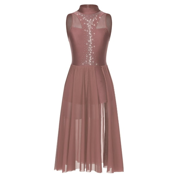 Haitryli Women Giltter Rhinestone Lyrical Dance Dress Split Hem Modern Contemporary Dancewear Reddish Brown S