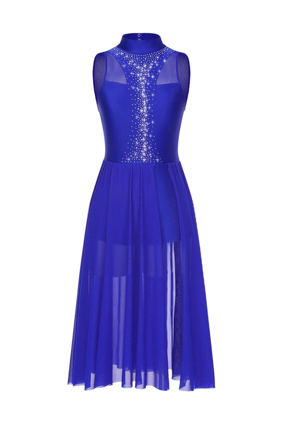 Women Giltter Rhinestone Lyrical Dance Dress Split Hem Modern Contemporary Dancewear Royal Blue S