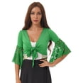 thumbnail image 1 of Haitryli Women Glitter Bead Tassel Belly Dance Top Lace 3/4 Flared Sleeves Shawl Crop Tops Dancewear Green L, 1 of 5