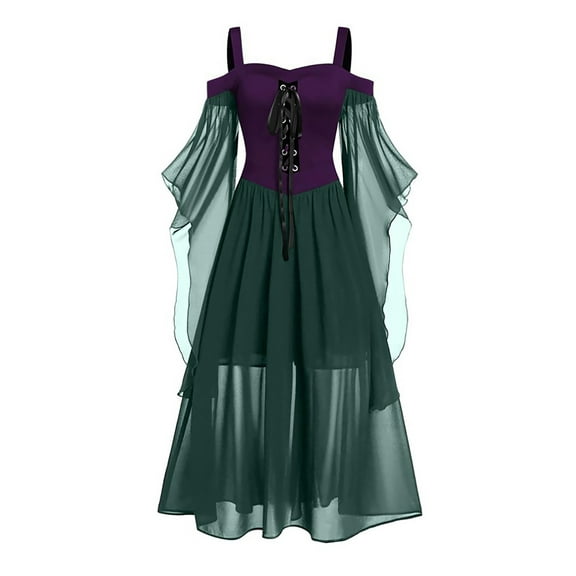 Haitryli Women Halloween Vintage Costume Dresses Victorian Medieval Steampunk Gothic Fancy Dress Purple&Green L