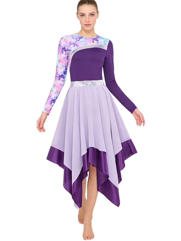 Women Liturgical Praise Dance Dresses Long Sleeve Worship Dancewear Color Block Christianity Attires Purple S