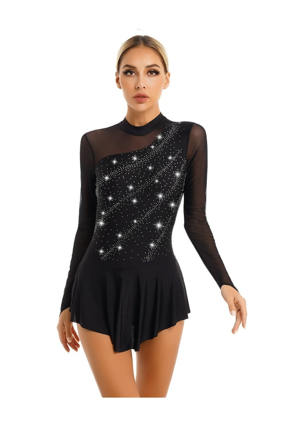 Women Long Sleeve Figure Ice Skating Dress Glitter Rhinestone Ballet Tutu Leotard Black S
