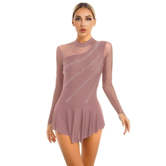Haitryli Women Long Sleeve Figure Ice Skating Dress Glitter Rhinestone Ballet Tutu Leotard Dusty Pink S