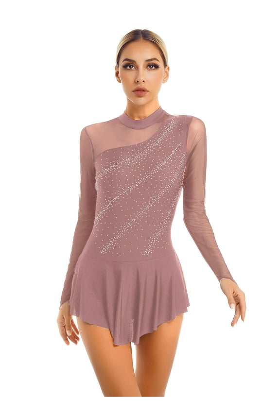 Women Long Sleeve Figure Ice Skating Dress Glitter Rhinestone Ballet Tutu Leotard Dusty Pink S