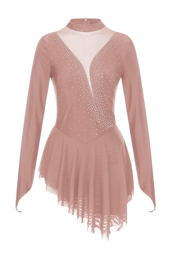 Women Long Sleeve Glitter Rhinestone Figure Ice Skating Dress High Low Dance Leotard Brown L