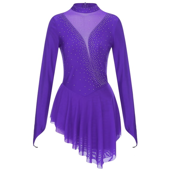 Haitryli Women Long Sleeve Glitter Rhinestone Figure Ice Skating Dress High Low Dance Leotard Purple XL