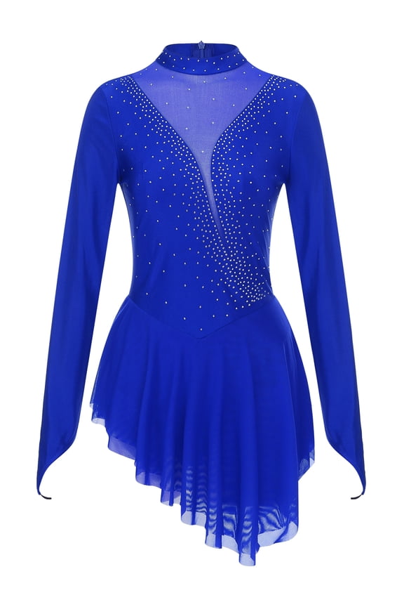 Women Long Sleeve Glitter Rhinestone Figure Ice Skating Dress High Low Dance Leotard Royal Blue S