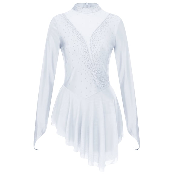 Haitryli Women Long Sleeve Glitter Rhinestone Figure Ice Skating Dress High Low Dance Leotard White XL