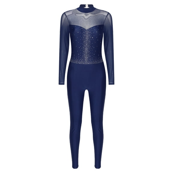 Haitryli Women Long Sleeve Gymnastics Leotard Unitard Rhinestone Full Length Bodysuit Jumpsuit Navy Blue L