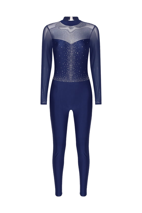 Women Long Sleeve Gymnastics Leotard Unitard Rhinestone Full Length Bodysuit Jumpsuit Navy Blue L