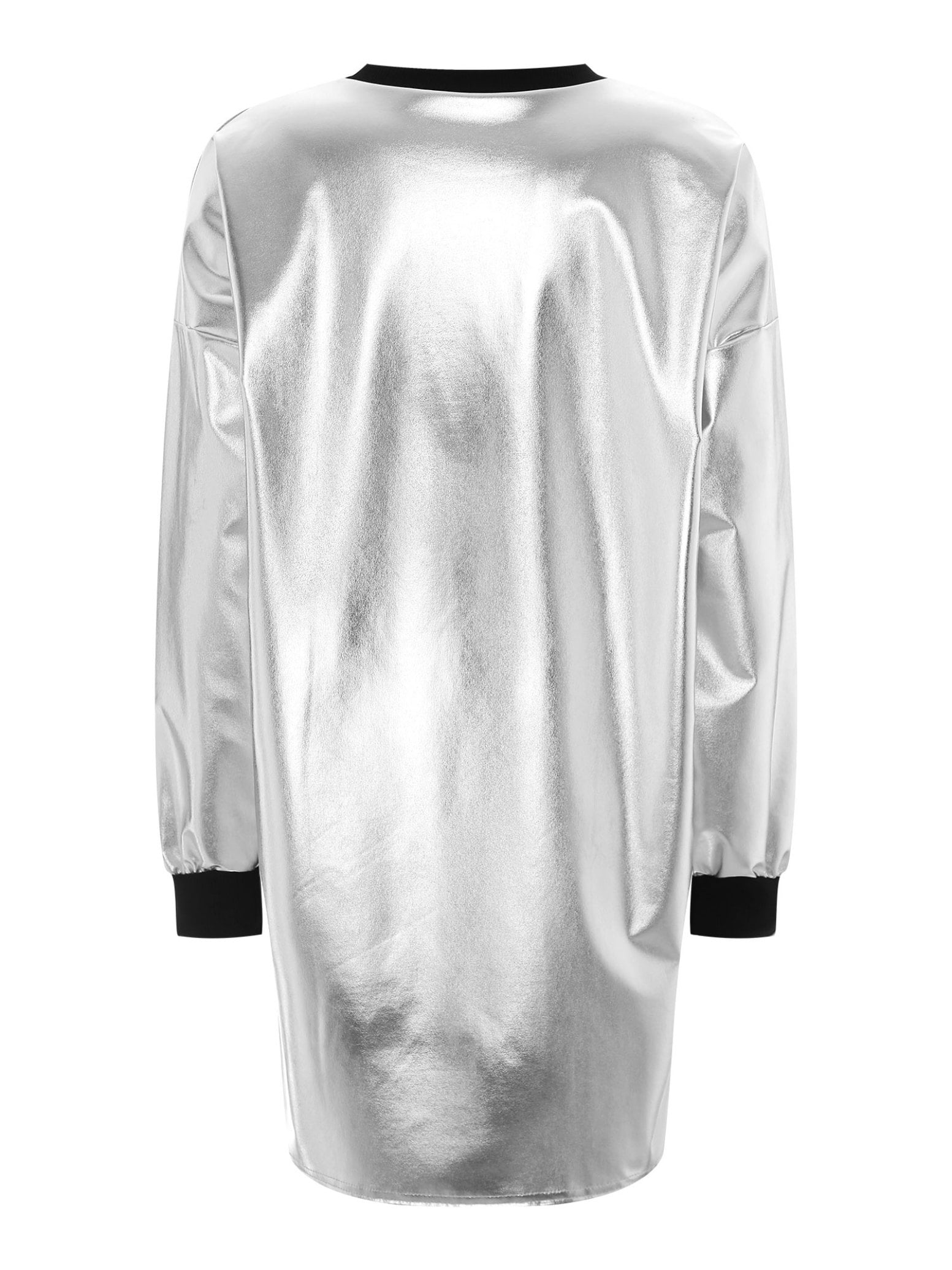 Haitryli Women Long Sleeve T-Shirt Loose Dress Flare Shiny Metallic Club Party Holographic Disco Silver L