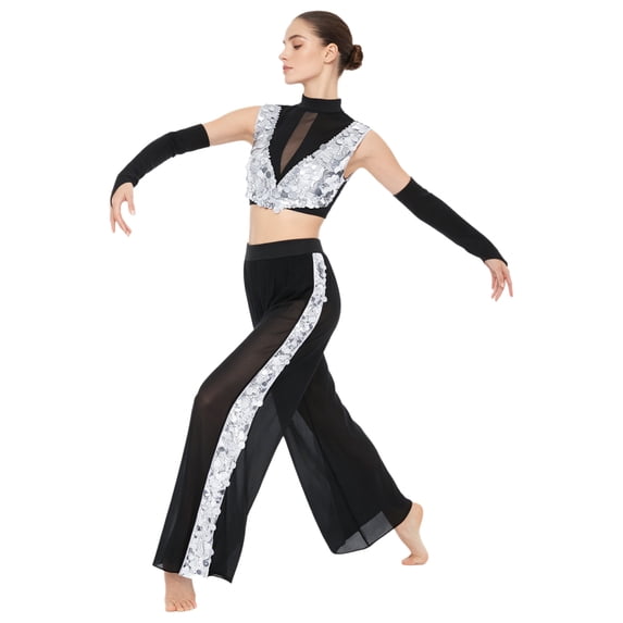 Haitryli Women Lyrical Dance Dress Two Piece Outfit Sequin Crop Tops + Mesh Tulle Wide Leg Pants for Ceremony Black Silver M