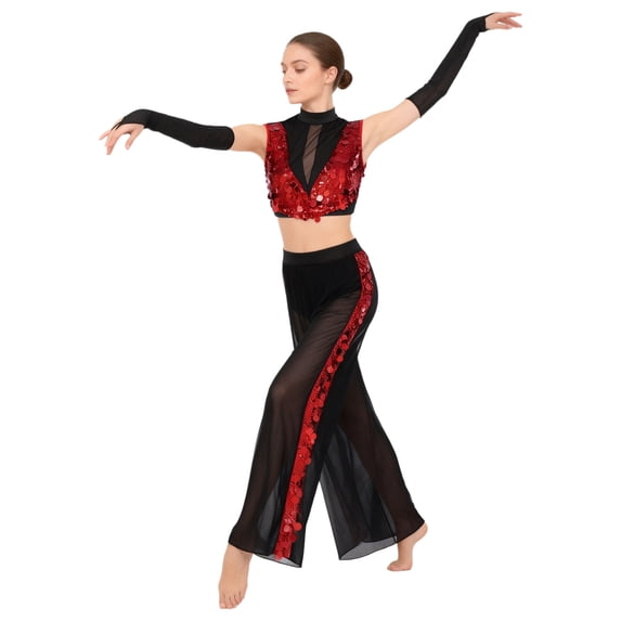 Haitryli Women Lyrical Dance Dress Two Piece Outfit Sequin Crop Tops + Mesh Tulle Wide Leg Pants for Ceremony Red S