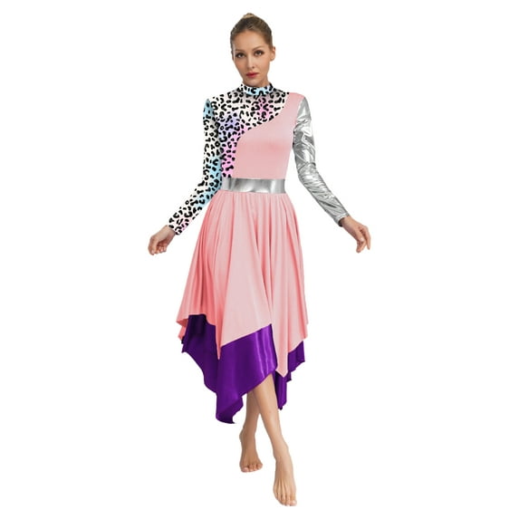 Haitryli Women Lyrical Dance Dresses Vintage Print Worship Liturgical Tunic Overlay Patchwork Dancewear Pink S