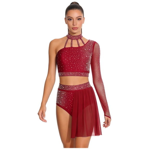 Haitryli Women Lyrical Latin Dance Dress Rhinestones Crop Top And Shorts Gymnastic Outfit Burgundy S