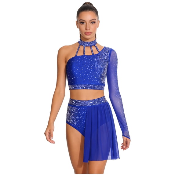 Haitryli Women Lyrical Latin Dance Dress Rhinestones Crop Top And Shorts Gymnastic Outfit Royal Blue XL