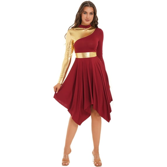 Haitryli Women Lyrical Modern Dance Dress Praise Tunic Overlay for Performance Burgundy XXL
