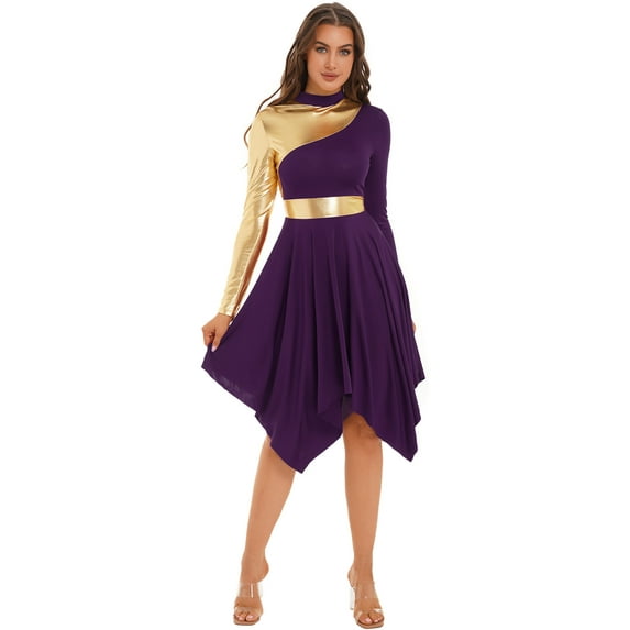 Haitryli Women Lyrical Modern Dance Dress Praise Tunic Overlay for Performance Dark Purple XXL