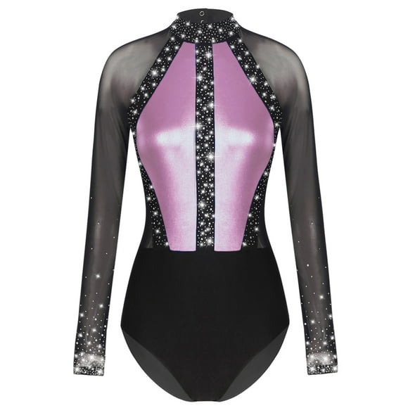 Haitryli Women Mesh Patchwork Gymnastics Leotard Dance Bodysuit for Performance Pink XXL