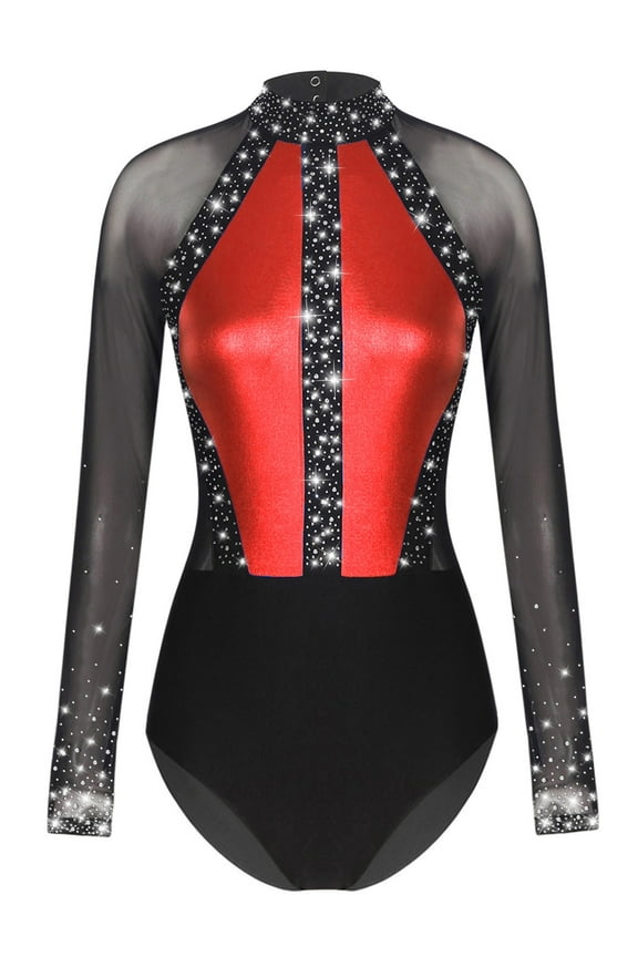 Women Mesh Patchwork Gymnastics Leotard Dance Bodysuit for Performance Red S