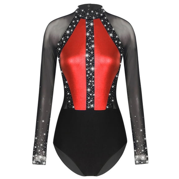 Haitryli Women Mesh Patchwork Gymnastics Leotard Dance Bodysuit for Performance Red XXL