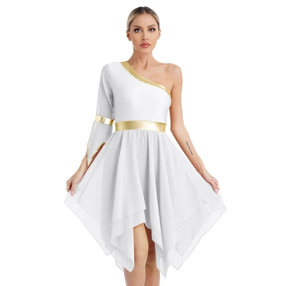 Haitryli Women One Shoulder Flared Half Sleeve Lyrical Modern Dance Dress Praise Tunic White XXL