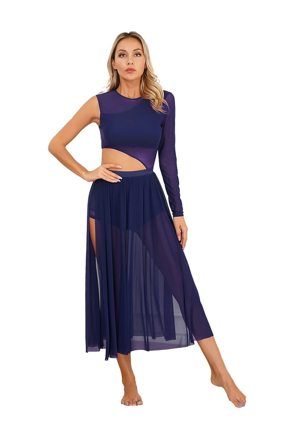 Women One-Shoulder Lyrical Modern Dance Dress Cut Out Mesh Leotard Navy Blue S