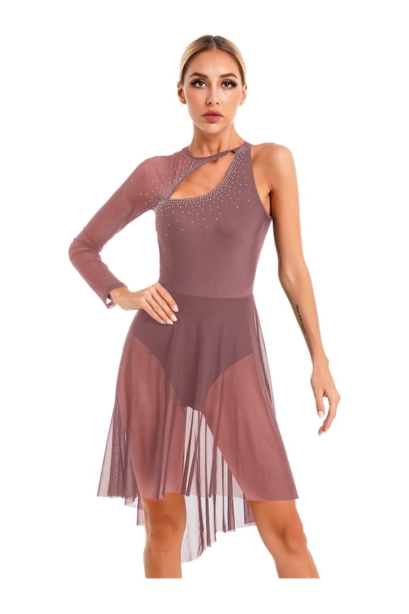Women One-Shoulder Mesh Ballet Lyrical Dance Leotard Cut Out Figure Skating Dress Reddish Brown L