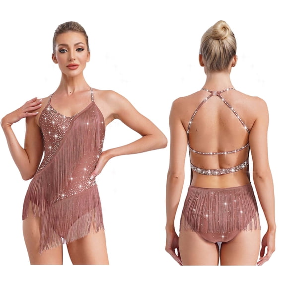 Haitryli Women Rhinestones Tassels Latin Dance Leotard Salsa Jazz Ballroom Dance Dress Burgundy XXL
