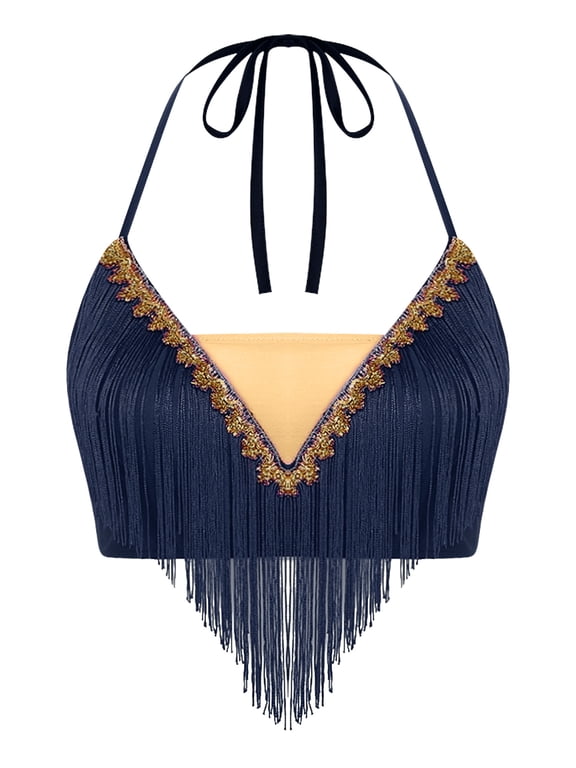 Women Sequin Halter Bra Tops Salsa Belly Dance Boho Festival Clubbing Tribal Bra Gold Shell Top Navy Blue M