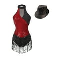 thumbnail image 1 of Haitryli Women Sequin Jazz Dance Outfit Sleeveless Tassel Leotard with Hat Set Performance Dancewear Burgundy XXL, 1 of 7