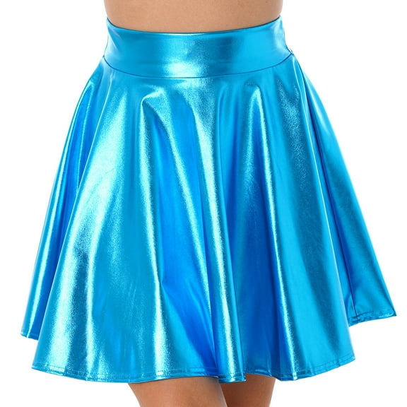 Haitryli Women Shiny Metallic Skater Flared Skirts Holographic High Waist Pleated Skirts Dancewear Blue A L