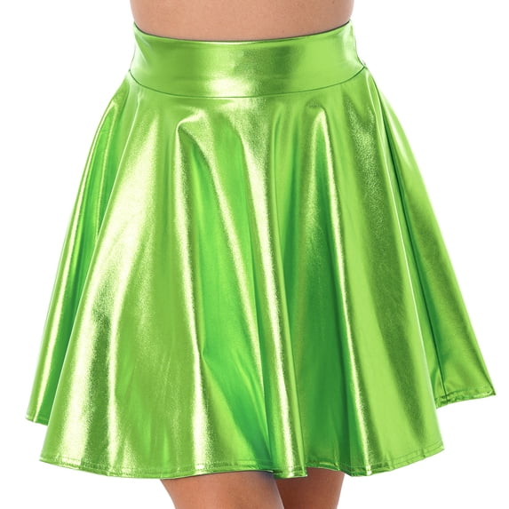 Haitryli Women Shiny Metallic Skater Flared Skirts Holographic High Waist Pleated Skirts Dancewear Green L